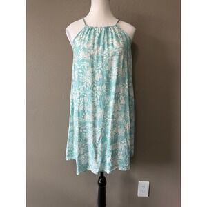 Roxy Tropical Floral Halter Beach Summer Mini Aqua Blue White Mini Dress‎ Size S